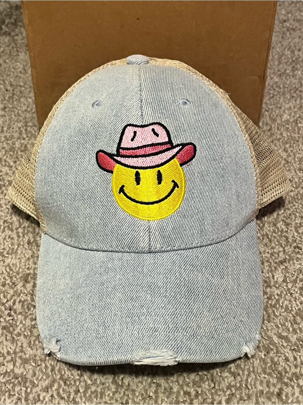Distressed Smiley Face Cowboy Hat Cap - Pink & Yellow